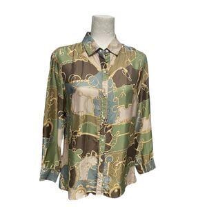 J McLaughlin Equestrian Shirt Silk Blend Blue Green Horse Bit Women’s Medium